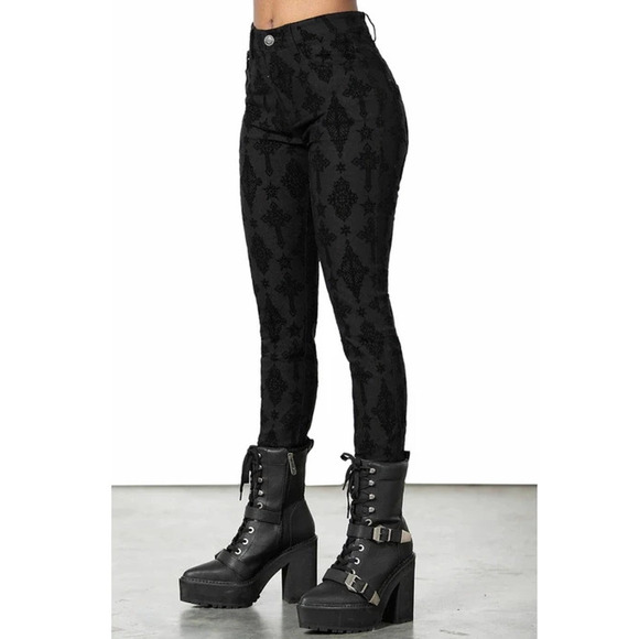 Killstar Denim - NWT Killstar Nora Flocked Trousers Velvet Baroque Cross XL Gothic Grunge Skinny